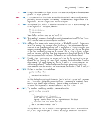Programming Exercises 413
P9.6 Using a different Measurer object, process a set of Rectangle objects to find the rectan-
gle with the largest perimeter.
P9.7 Enhance the DataSet class so that it can either be used with a Measurer object or for
processing Measurable objects. Hint: Supply a constructor with no parameters that
implements a Measurer that processes Measurable objects.
P9.8 Modify the display method of the LastDigitDistribution class of Worked Example 9.1
so that it produces a histogram, like this:
0: *************
1: ******************
2: *************
Scale the bars so that widest one has length 40.
P9.9 Write a class PrimeSequence that implements the Sequence interface of Worked Exam-
ple 9.1, producing the sequence of prime numbers.
P9.10 Add a method hasNext to the Sequence interface of Worked Example 9.1 that returns
false if the sequence has no more values. Implement a class MySequence producing a
sequence of real data of your choice, such as populations of cities or countries, tem-
peratures, or stock prices. Obtain the data from the Internet and reformat the values
so that they are placed into an array. Return one value at a time in the next method,
until you reach the end of the data. Your SequenceTester class should display all data
in the sequence and check whether the last digits are randomly distributed.
P9.11 Provide a class FirstDigitDistribution that works just like the LastDigitDistribution
class of Worked Example 9.1, except that it counts the distribution of the first digit
of each value. (It is a well-known fact that the first digits of random values are not
uniformly distributed. This fact has been used to detect accounting fraud, when
sequences of transaction amounts had an unnatural distribution of their first digits.)
P9.12 Declare an interface Filter as follows:
public interface Filter
{
boolean accept(Object x);
}
Modify the implementation of the DataSet class in Section 9.4 to use both a Measurer
and a Filter object. Only objects that the filter accepts should be processed. Dem-
onstrate your modification by having a data set process a collection of bank
accounts, filtering out all accounts with balances less than $1,000.
P9.13 The standard Java library provides a Comparable interface:
public interface Comparable
{
/**
Compares this object with another.
@param other the object to be compared
@return a negative integer, zero, or a positive integer if this object
is less than, equal to, or greater than, other
*/
public int compareTo(Object other);
}
Modify the DataSet class of Section 9.1 to accept Comparable objects. With this inter-
face, it is no longer meaningful to compute the average. The DataSet class should
bj4_ch09_7.fm Page 413 Monday, October 26, 2009 9:31 PM
 