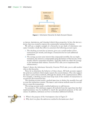 422 Chapter 10 Inheritance
as JButton, JRadioButton, and JCheckBox) inherit these properties. In fact, the Abstract-
Button class was created to express the commonality among these buttons.
We will use a simpler example of a hierarchy in our study of inheritance con-
cepts. Consider a bank that offers its customers the following account types:
1. The checking account has no interest, gives you a small number of free
transactions per month, and charges a transaction fee for each additional
transaction.
2. The savings account earns interest that compounds monthly. (In our imple-
mentation, the interest is compounded using the balance of the last day of the
month, which is somewhat unrealistic. Typically, banks use either the average
or the minimum daily balance. Exercise P10.1 asks you to implement this
enhancement.)
Figure 3 shows the inheritance hierarchy. Exercise P10.2 asks you to add another
class to this hierarchy.
Next, let us determine the behavior of these classes. All bank accounts support
the getBalance method, which simply reports the current balance. They also support
the deposit and withdraw methods, although the details of the implementation differ.
For example, a checking account must keep track of the number of transactions to
account for the transaction fees.
The checking account needs a method deductFees to deduct the monthly fees and
to reset the transaction counter. The deposit and withdraw methods must be overrid-
den to count the transactions.
The savings account needs a method addInterest to add interest.
To summarize: The subclasses support all methods from the superclass, but their
implementations may be modified to match the specialized purposes of the sub-
classes. In addition, subclasses are free to introduce additional methods.
1. What is the purpose of the JTextComponent class in Figure 2?
2. Why don’t we place the addInterest method in the BankAccount class?
Figure 3 Inheritance Hierarchy for Bank Account Classes
BankAccount
deposit
withdraw
getBalance
CheckingAccount
deductFees
deposit
withdraw
SavingsAccount
addInterest
S E L F C H E C K
bj4_ch10_7.fm Page 422 Wednesday, October 28, 2009 8:16 AM
 