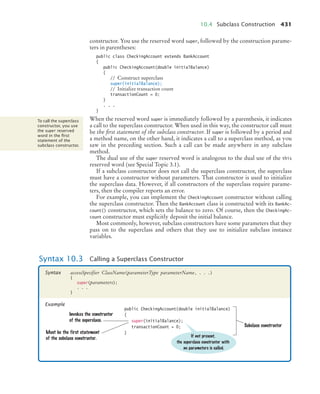 10.4 Subclass Construction 431
constructor. You use the reserved word super, followed by the construction parame-
ters in parentheses:
public class CheckingAccount extends BankAccount
{
public CheckingAccount(double initialBalance)
{
// Construct superclass
super(initialBalance);
// Initialize transaction count
transactionCount = 0;
}
. . .
}
When the reserved word super is immediately followed by a parenthesis, it indicates
a call to the superclass constructor. When used in this way, the constructor call must
be the first statement of the subclass constructor. If super is followed by a period and
a method name, on the other hand, it indicates a call to a superclass method, as you
saw in the preceding section. Such a call can be made anywhere in any subclass
method.
The dual use of the super reserved word is analogous to the dual use of the this
reserved word (see Special Topic 3.1).
If a subclass constructor does not call the superclass constructor, the superclass
must have a constructor without parameters. That constructor is used to initialize
the superclass data. However, if all constructors of the superclass require parame-
ters, then the compiler reports an error.
For example, you can implement the CheckingAccount constructor without calling
the superclass constructor. Then the BankAccount class is constructed with its BankAc-
count() constructor, which sets the balance to zero. Of course, then the CheckingAc-
count constructor must explicitly deposit the initial balance.
Most commonly, however, subclass constructors have some parameters that they
pass on to the superclass and others that they use to initialize subclass instance
variables.
To call the superclass
constructor, you use
the super reserved
word in the ﬁrst
statement of the
subclass constructor.
Syntax 10.3 Calling a Superclass Constructor
accessSpecifier ClassName(parameterType parameterName, . . .)
{
super(parameters);
. . .
}
Syntax
Example
public CheckingAccount(double initialBalance)
{
super(initialBalance);
transactionCount = 0;
}
Must be the first statement
of the subclass constructor.
Subclass constructor
Invokes the constructor
of the superclass.
If not present,
the superclass constructor with
no parameters is called.
bj4_ch10_7.fm Page 431 Wednesday, October 28, 2009 8:16 AM
 