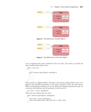 10.7 Object: The Cosmic Superclass 447
Let us implement the equals method for the Coin class. You need to override the
equals method of the Object class:
public class Coin
{
. . .
public boolean equals(Object otherObject)
{
. . .
}
. . .
}
Now you have a slight problem. The Object class knows nothing about coins, so it
declares the otherObject parameter of the equals method to have the type Object.
When overriding the method, you are not allowed to change the parameter type. To
overcome this problem, cast the parameter to the class Coin:
Coin other = (Coin) otherObject;
Then you can compare the two coins.
public boolean equals(Object otherObject)
{
Coin other = (Coin) otherObject;
return name.equals(other.name)  value == other.value;
}
Figure 8 Two References to Equal Objects
Figure 9 Two References to the Same Object
coin1 =
value =
Coin
name = quarter
0.25
coin2 =
value =
Coin
name = quarter
0.25
coin1 =
value =
Coin
name = quarter
0.25
coin2 =
bj4_ch10_7.fm Page 447 Wednesday, October 28, 2009 8:16 AM
 