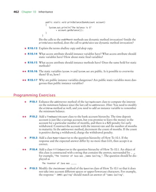 462 Chapter 10 Inheritance
public static void printBalance(BankAccount account)
{
System.out.println(The balance is $
+ account.getBalance());
}
}
Do the calls to the endOfMonth methods use dynamic method invocation? Inside the
printBalance method, does the call to getBalance use dynamic method invocation?
R10.13 Explain the terms shallow copy and deep copy.
R10.14 What access attribute should instance variables have? What access attribute should
static variables have? How about static final variables?
R10.15 What access attribute should instance methods have? Does the same hold for static
methods?
R10.16 The static variables System.in and System.out are public. Is it possible to overwrite
them? If so, how?
R10.17 Why are public instance variables dangerous? Are public static variables more dan-
gerous than public instance variables?
P10.1 Enhance the addInterest method of the SavingsAccount class to compute the interest
on the minimum balance since the last call to addInterest. Hint: You need to modify
the withdraw method as well, and you need to add an instance variable to remember
the minimum balance.
P10.2 Add a TimeDepositAccount class to the bank account hierarchy. The time deposit
account is just like a savings account, but you promise to leave the money in the
account for a particular number of months, and there is a $20 penalty for early
withdrawal. Construct the account with the interest rate and the number of months
to maturity. In the addInterest method, decrement the count of months. If the count
is positive during a withdrawal, charge the withdrawal penalty.
P10.3 Add a class NumericQuestion to the question hierarchy of How To 10.1. If the
response and the expected answer differ by no more than 0.01, then accept it as
correct.
P10.4 Add a class FillInQuestion to the question hierarchy of How To 10.1. An object of
this class is constructed with a string that contains the answer, surrounded by _ _,
for example, The inventor of Java was _James Gosling_. The question should be dis-
played as
The inventor of Java was _____
P10.5 Modify the checkAnswer method of the Question class of How To 10.1 so that it does
not take into account different spaces or upper/lowercase characters. For example,
the response  JAMES gosling should match an answer of James Gosling.
Programming Exercises
bj4_ch10_7.fm Page 462 Wednesday, October 28, 2009 8:16 AM
 