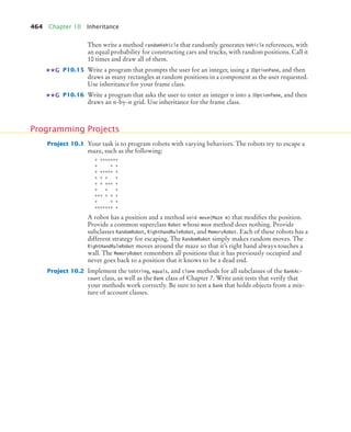 464 Chapter 10 Inheritance
Then write a method randomVehicle that randomly generates Vehicle references, with
an equal probability for constructing cars and trucks, with random positions. Call it
10 times and draw all of them.
P10.15 Write a program that prompts the user for an integer, using a JOptionPane, and then
draws as many rectangles at random positions in a component as the user requested.
Use inheritance for your frame class.
P10.16 Write a program that asks the user to enter an integer n into a JOptionPane, and then
draws an n-by-n grid. Use inheritance for the frame class.
Project 10.1 Your task is to program robots with varying behaviors. The robots try to escape a
maze, such as the following:
* *******
* * *
* ***** *
* * * *
* * *** *
* * *
*** * * *
* * *
******* *
A robot has a position and a method void move(Maze m) that modifies the position.
Provide a common superclass Robot whose move method does nothing. Provide
subclasses RandomRobot, RightHandRuleRobot, and MemoryRobot. Each of these robots has a
different strategy for escaping. The RandomRobot simply makes random moves. The
RightHandRuleRobot moves around the maze so that it’s right hand always touches a
wall. The MemoryRobot remembers all positions that it has previously occupied and
never goes back to a position that it knows to be a dead end.
Project 10.2 Implement the toString, equals, and clone methods for all subclasses of the BankAc-
count class, as well as the Bank class of Chapter 7. Write unit tests that verify that
your methods work correctly. Be sure to test a Bank that holds objects from a mix-
ture of account classes.
G
G
Programming Projects
bj4_ch10_7.fm Page 464 Wednesday, October 28, 2009 8:16 AM
 