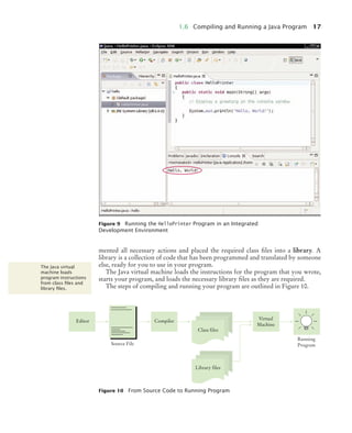 1.6 Compiling and Running a Java Program 17
mented all necessary actions and placed the required class files into a library. A
library is a collection of code that has been programmed and translated by someone
else, ready for you to use in your program.
The Java virtual machine loads the instructions for the program that you wrote,
starts your program, and loads the necessary library files as they are required.
The steps of compiling and running your program are outlined in Figure 10.
Figure 9 Running the HelloPrinter Program in an Integrated
Development Environment
The Java virtual
machine loads
program instructions
from class ﬁles and
library ﬁles.
Figure 10 From Source Code to Running Program
Compiler
Editor
Virtual
Machine
Running
Program
Source File
Library files
Class files
BJ4_ch01_3.fm Page 17 Monday, June 29, 2009 11:15 AM
 