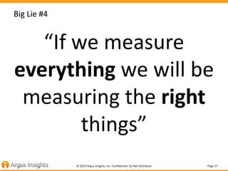 Page 17© 2013 Argus Insights, Inc. Confidential: Do Not Distribute
Big Lie #4
“If we measure
everything we will be
measuring the right
things”
 
