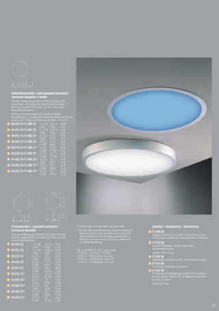 A




         B
                            C
                      90




Halbeinbauleuchte / semirecessed luminaire /
luminaire encastrer à moitié
Titansilber, Abdeckung opal weiß, inkl. EVG, mit Ring für Halb-
einbauleuchte / silver, white cover, electronic ballast included,
with ring / gris argenté, cache blanc, incl. self-conventionelle
électronique, avec anneau
Befestigung an der Grunddecke durch bauseits zu stellende
Gewindestangen o. ä. / fixation at the ceiling with threaded rod or the like,
provided onsite / fixation au plafond avec tiges filitées non fournies
84.610.15-71.900.15                 1 x T -R5   2 GX 13       40 W2)
                                    A 400,      B 365,        C 35
84.611.15-71.901.15                 1 x T -R5   2 GX 13       55 W1)
                                    A 600,      B 565,        C 35
84.612.15-71.902.15                 3 x TC-L    2 G 11        55 W3)
                                    A 800,      B 765,        C 70
84.613.15-71.903.15                 4 x TC-L    2 G 11        55 W3)
                                    A 1000,     B 965,        C 70
84.614.15-71.904.15                 6 x TC-L    2 G 11        55 W3)
                                    A 1200,     B 1165,       C 70
84.615.15-71.904.15*)               6 x TC-L    2 G 11        55 W3)
                                    A 1200,     B 1165,       C 70
84.652.15-71.902.15**)              12 x T 5    G5            14 W4)
                                    A 800,      B 765,        C 170
84.653.15-71.903.15**)              12 x T 5    G5            24 W5)
                                    A 1000,     B 965,        C 170
84.654.15-71.904.15**)              12 x T 5    G5            24 W5)
                                    A 1200,     B 1165,       C 170




              A                                  ø 600




                                                   ø 565
              B
                                                                  250




                                                                    C
                      250




                       C


Einbauleuchte / recessed luminaire /                                            *) dimmbar digital / dimmable digital / graduable digital           Zubehör / accessories / accessoires
luminaire encastré                                                              **) dimmbar DALI, farbveränderlich bei zusätzlichem Einsatz einer
                                                                                                                                                    77.960.00
Titansilber, Abdeckung opal weiß, inkl. EVG / silver, white cover,                  Steuerung (Zubehör) / DALI dimmable, colour-variable when
                                                                                                                                                    Farbsteuerung für bis zu 10 Leuchten / colour control for up to
electronic ballast included / gris argenté, cache blanc, incl. self                 using an additional control (accessory) / graduable DALI, à
                                                                                                                                                    10 luminaires / commande de couleur pour jusqu’à 10 luminaires
conventionelle électronique                                                         changement de couleurs en cas d’utilisation supplémentaire
                                                                                    d’un réglage (accessoires)                                      77.912.00
84.610.15                   1 x T -R5    2 GX 13         40 W2)
                                                                                                                                                    Infrarot-Fernbedienung / infrared remote control /
                            A 400,       B 365,          C 125
                                                                                                                                                    télécommande infrarouge
84.611.15                   1 x T -R5    2 GX 13         55 W1)                 Empf. Leuchtmittel / rec. lamp / lampe recomm.:
                            A 600,       B 565,          C 125                  1) 74.016.55, 2) 74.016.40, 3) 74.007.55                            und/oder / and/or / et/ou
84.612.15                   3 x TC-L     2 G 11          55 W3)                 4) 74.015.14, 5) 74.015.24 rot / red / rouge
                                                                                                                                                    77.913.00
                                                                                4) 74.025.14, 5) 74.025.24 grün / green / vert
                            A 800,       B 765,          C 160                                                                                      Tasterkoppler / push button coupler / bouton poussoir coupleur
84.613.15                   4 x TC-L     2 G 11          55 W3)                 4) 74.035.14, 5) 74.035.24 blau / blue / bleu

                            A 1000,      B 965,          C 160
                                                                                                                                                    77.914.00
                                                                                                                                                    Y-Verzweiger / y-connector / y-connecteur
84.614.15                   6 x TC-L     2 G 11          55 W3)
                            A 1200,      B 1165,         C 160                                                                                      77.915.00
84.615.15*)                 6 x TC-L     2 G 11          55 W3)                                                                                     PC-Kit Software für Farbsteuerung 77.960.00 / PC-kit software
                            A 1200,      B 1165,         C 160                                                                                      for colour control 77.960.00 / PC-kit software pour commande
84.651.15**)                9xT5         G5              14 W4)                                                                                     de couleur 77.960.00
                            Ø 600,       Ø 565,          C 260                                                                                      Design Tech Group
84.652.15**)                12 x T 5     G5              14 W4)
                            A 800,       B 765,          C 260
84.653.15**)                12 x T 5     G5              24 W5)
                            A 1000,      B 965,          C 260
84.654.15**)                12 x T 5     G5              24 W5)
                            A 1200,      B 1165,         C 260

                                                                                                                                                                                                                      25
 