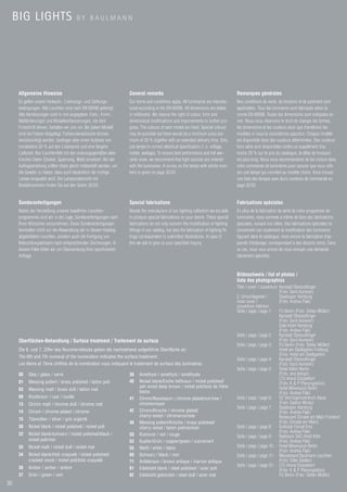 BIG LIGHTS                          BY BAULMANN




      Allgemeine Hinweise                                             General remarks                                                      Remarques générales
      Es gelten unsere Verkaufs-, Lieferungs- und Zahlungs-           Our terms and conditions apply. All luminaires are manufac-          Nos conditions de vente, de livraison et de paiement sont
      bedingungen. Alle Leuchten sind nach EN 60598 gefertigt.        tured according to the EN 60598. All dimensions are stated           applicables. Tous les luminaires sont fabriqués selon la
      Alle Abmessungen sind in mm angegeben. Farb-, Form-,            in millimetre. We reserve the right of colour, form and              norme EN 60598. Toutes les dimensions sont indiquées en
      Maßänderungen und Modellverbesserungen, die dem                 dimensional modifications and improvements to further pro-           mm. Nous nous réservons le droit de changer les formes,
      Fortschritt dienen, behalten wir uns vor. Bei jedem Modell      gress. The colours of each model are fixed. Special colours          les dimensions et les couleurs ainsi que d’améliorer les
      sind die Farben festgelegt. Farbsonderwünsche können            may be possible but there would be a minimum price pre-              modèles si nous le considérons opportun. Chaque modèle
      berücksichtigt werden, bedingen aber einen Aufpreis von         mium of 20 % together with an extended delivery time. Only           est disponible dans des couleurs déterminées. Des couleurs
      mindestens 20 % auf den Listenpreis und eine längere            use lamps to correct electrical specification (i. e. voltage,        hors série sont disponibles contre un supplément d’au
      Lieferzeit. Nur Leuchtmittel mit den ordnungsgemäßen elek-      holder, wattage). To ensure best performance and full war-           moins 20 % sur le prix du catalogue, le délai de livraison
      trischen Daten (Sockel, Spannung, Watt) einsetzen. Bei der      ranty cover, we recommend that light sources are ordered             est plus long. Nous vous recommandons de les inclure dans
      Auftragserteilung sollten diese gleich mitbestellt werden, um   with the luminaires. A survey on the lamps with article num-         votre commande de luminaires pour assurer que vous utili-
      die Gewähr zu haben, dass auch tatsächlich die richtige         bers is given on page 32/33.                                         sez une lampe qui convient au modèle choisi. Vous trouvez
      Lampe eingesetzt wird. Die Lampenübersicht mit                                                                                       une liste des lampes avec leurs numéros de commande en
      Bestellnummern finden Sie auf den Seiten 32/33.                                                                                      page 32/33.


      Sonderanfertigungen                                             Special fabrications                                                 Fabrications spéciales
      Neben der Herstellung unseres bewährten Leuchten-               Beside the manufacture of our lighting collection we are able        En plus de la fabrication de sérié de notre programme de
      programmes sind wir in der Lage, Sonderanfertigungen nach       to produce special fabrications on your desire. These special        luminaires, nous sommes à même de faire des fabrications
      Ihren Wünschen vorzunehmen. Diese Sonderanfertigungen           fabrications do not only concern the modification of lighting        spéciales, suivant vos idées. Des fabrications spéciales ne
      beinhalten nicht nur die Abwandlung der in diesem Katalog       fittings in our catalog, but also the fabrication of lighting fit-   concernent non seulement la modification des luminaires
      abgebildeten Leuchten, sondern auch die Fertigung von           tings correspondent to submitted illustrations. In case of           figurant dans le catalogue, mais encore la fabrication d’ap-
      Beleuchtungskörpern nach entsprechenden Zeichnungen. In         this we ask to give us your specified inquiry.                       pareils d’éclairage, correspondant à des dessins remis. Dans
      diesem Falle bitten wir um Übersendung Ihrer spezifizierten                                                                          ce cas, nous vous prions de nous envoyer une demande
      Anfrage.                                                                                                                             clairement spécifiée.



                                                                                                                                           Bildnachweis / list of photos /
                                                                                                                                           liste des photographics
                                                                                                                                           Titel / cover / couverture: Karstadt Oberpollinger
                                                                                                                                                                       (Foto: Gerd Aumeier)
                                                                                                                                           2. Umschlagseite /          Staatsoper Hamburg
                                                                                                                                           inner cover /               (Foto: Andrea Flak)
                                                                                                                                           couverture intérieur:
                                                                                                                                           Seite / page / page 1:      FU Berlin (Foto: Stefan Müller)
                                                                                                                                                                       Karstadt Oberpollinger
                                                                                                                                                                       (Foto: Gerd Aumeier)
                                                                                                                                                                       Side Hotel Hamburg
                                                                                                                                                                       (Foto: Andrea Flak)
                                                                                                                                           Seite / page / page 2:      Karstadt Oberpollinger
      Oberflächen-Behandlung / Surface treatment / Traitement de surface                                                                                               (Foto: Gerd Aumeier)
                                                                                                                                           Seite / page / page 3:      FU Berlin (Foto: Stefan Müller)
      Die 6. und 7. Ziffer des Nummernblocks geben die nachstehend aufgeführte Oberfläche an:                                                                          Hotel am Stadtgarten Freiburg
      The 6th and 7th numeral of the numeration indicates the surface treatment:                                                                                       (Foto: Hotel am Stadtgarten)
                                                                                                                                           Seite / page / page 4:      Karstadt Oberpollinger
      Les 6ème et 7ème chiffres de la numération vous indiquent le traitement de surface des luminaires:                                                               (Foto: Gerd Aumeier)
                                                                                                                                           Seite / page / page 5:      Hotel Adlon Berlin
      00    Glas / glass / verre                                      38    Amethyst / amethyst / améthyste                                                            (Foto: amj design)
                                                                                                                                                                       LTU Arena Düsseldorf
      01    Messing poliert / brass polished / laiton poli            40    Nickel blank/Esche tiefbraun / nickel polished/                                            (Foto: K & P Planungsbüro)
                                                                            ash wood deep brown / nickel poli/bois de frêne                                            Hotel Mövenpick Berlin
      03    Messing matt / brass dull / laiton mat
                                                                            bistre                                                                                     (Foto: Andrea Flak)
      09    Rostbraun / rust / rouille                                41    Chrom/Nussbaum / chrome plated/nut-tree /                      Seite / page / page 6:      VZ Vermögenszentrum Aarau
      13    Chrom matt / chrome dull / chrome mat                           chrome/noyer                                                                               (Foto: Gaston Wicky)
                                                                                                                                           Seite / page / page 7:      Staatsoper Hamburg
      14    Chrom / chrome plated / chrome                            42    Chrom/Kirsche / chrome plated/                                                             (Foto: Andrea Flak)
                                                                            cherry-wood / chrome/cerisier                                                              Restaurant Dorade am Main Frankfurt
      15    Titansilber / silver / gris argenté
                                                                      48    Messing poliert/Kirsche / brass polished/                                                  (Foto: Dorade am Main)
      30    Nickel blank / nickel polished / nickel poli                    cherry wood / laiton poli/cerisier                             Seite / page / page 8:      Golfclub Domat Ems
                                                                                                                                                                       (Foto: Andrea Flak)
      32    Nickel blank/schwarz / nickel polished/black /            50    Rubinrot / red / rouge                                         Seite / page / page 9 : Radisson SAS Hotel Köln
            nickel poli/noir                                          53    Kupfer/Grün / copper/green / cuivre/vert                                                   (Foto: Andrea Flak)
      33    Nickel matt / nickel dull / nickel mat                    55    Weiß / white / blanc                                           Seite / page / page 10 : Hotel Mövenpick Berlin
                                                                                                                                                                       (Foto: Andrea Flak)
      34    Nickel blank/Holz craquelé / nickel polished/             69    Schwarz / black / noir                                         Seite / page / page 11: Messestand Baulmann Leuchten
            cracked wood / nickel poli/bois craquelé                  71    Antikbraun / brown antique / marron antique                                                (Foto: Silke Stadler)
                                                                                                                                           Seite / page / page 31: LTU Arena Düsseldorf
      36    Amber / amber / ambre                                     81    Edelstahl blank / steel polished / acier poli                                              (Foto: K & P Planungsbüro)
      37    Grün / green / vert                                       82    Edelstahl gebürstet / steel dull / acier mat                                               FU Berlin (Foto: Stefan Müller)
30
 