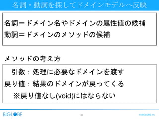 30 © BIGLOBE Inc.
名詞・動詞を探してドメインモデルへ反映
名詞＝ドメイン名やドメインの属性値の候補
動詞＝ドメインのメソッドの候補
引数：処理に必要なドメインを渡す
戻り値：結果のドメインが戻ってくる
※戻り値なし(void)にはならない
メソッドの考え方
 