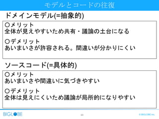 44 © BIGLOBE Inc.
モデルとコードの往復
〇メリット
全体が見えやすいため共有・議論の土台になる
〇デメリット
あいまいさが許容される。間違いが分かりにくい
ドメインモデル(=抽象的)
ソースコード(=具体的)
〇メリット
あいまいさや間違いに気づきやすい
〇デメリット
全体は見えにくいため議論が局所的になりやすい
 