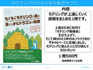 50 © BIGLOBE Inc.
モデリングのための本を販売中です。
モデリングが上達していく
過程をまとめた1冊です。
上達のために社内で
「モデリング勉強会」
を立ち上げて、
そこで得られた2年分のノウハウをわ
ずか40ページに圧縮しました。
モデリングに悩んだ人にぜひ読んで
もらいたい!!
技術書典６でも出版
内容
１冊500円
 