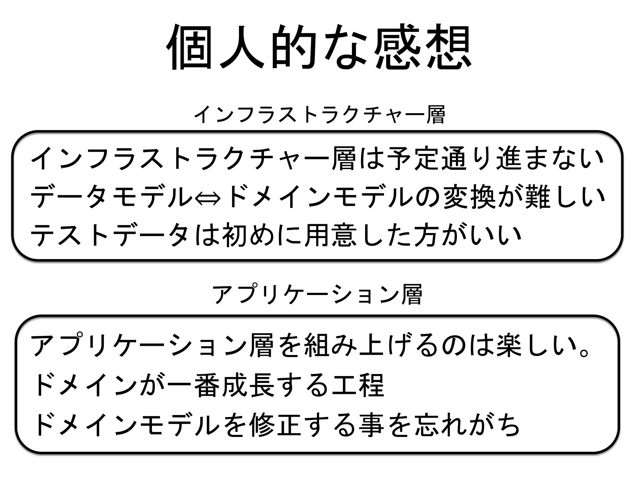 インフラストラクチャー層は予定通り進まない
アプリケーション層を組み上げるのは楽しい。
ドメインが一番成長する工程
テストデータは初めに用意した方がいい
ドメインモデルを修正する事を忘れがち
データモデル⇔ドメインモデルの変換が難しい
個人的な感想
アプリケーション層
インフラストラクチャー層
 