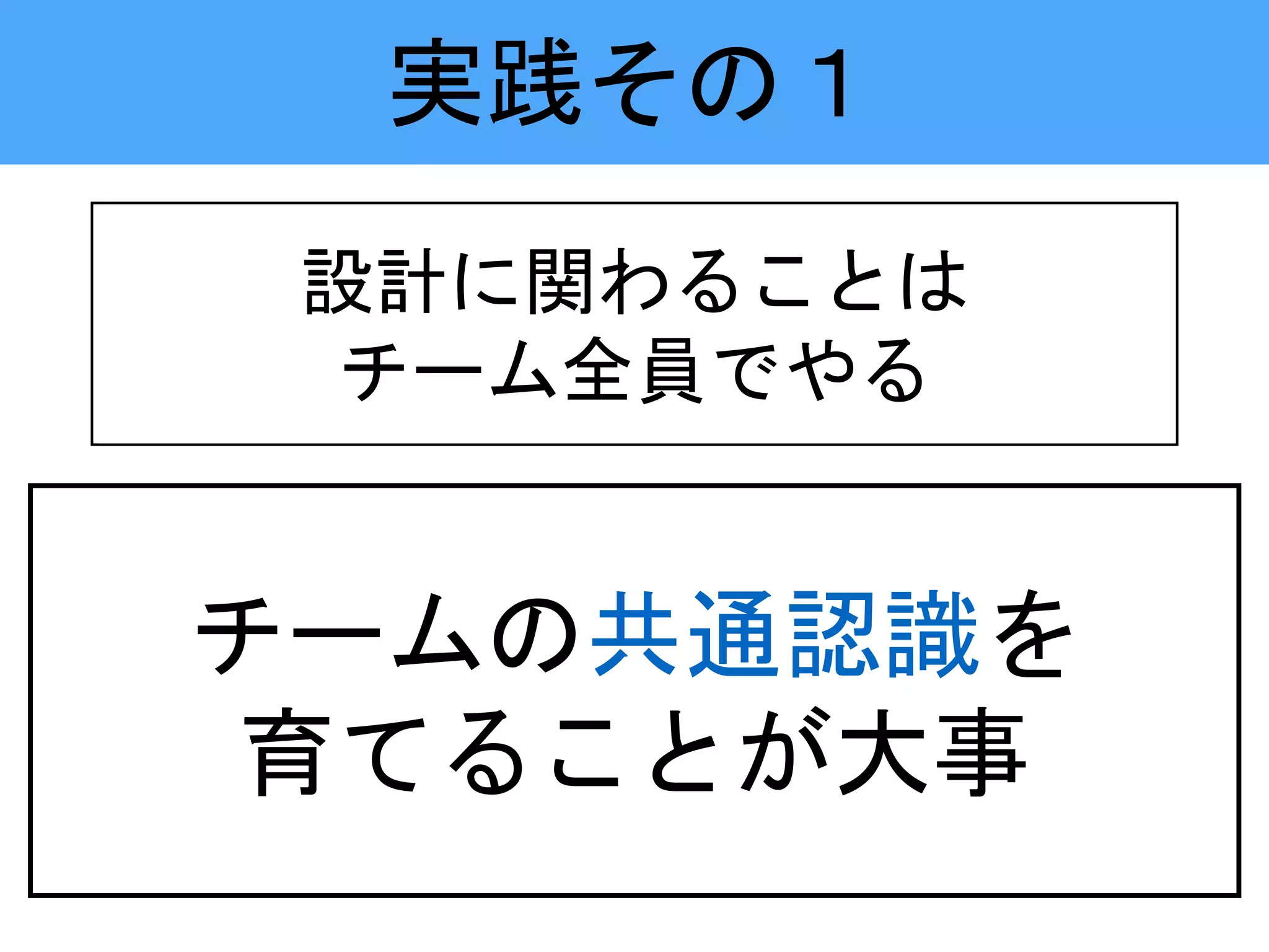 設計に関わることは
チーム全員でやる
チームの共通認識を
育てることが大事
実践その１
 