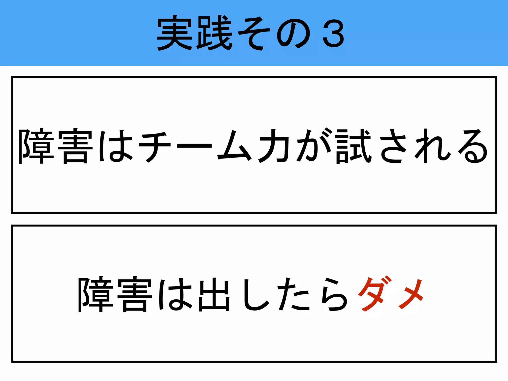 障害は出したらダメ
実践その３
障害はチーム力が試される
 
