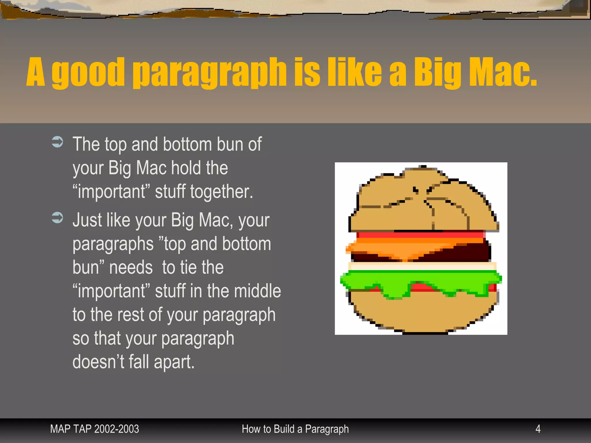 A good paragraph is like a Big Mac.
    The top and bottom bun of
     your Big Mac hold the
     “important” stuff together.
    Just like your Big Mac, your
     paragraphs ”top and bottom
     bun” needs to tie the
     “important” stuff in the middle
     to the rest of your paragraph
     so that your paragraph
     doesn’t fall apart.


 MAP TAP 2002-2003            How to Build a Paragraph   4
 
