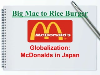 Big Mac to Rice Burger



    Globalization:
  McDonalds in Japan
 