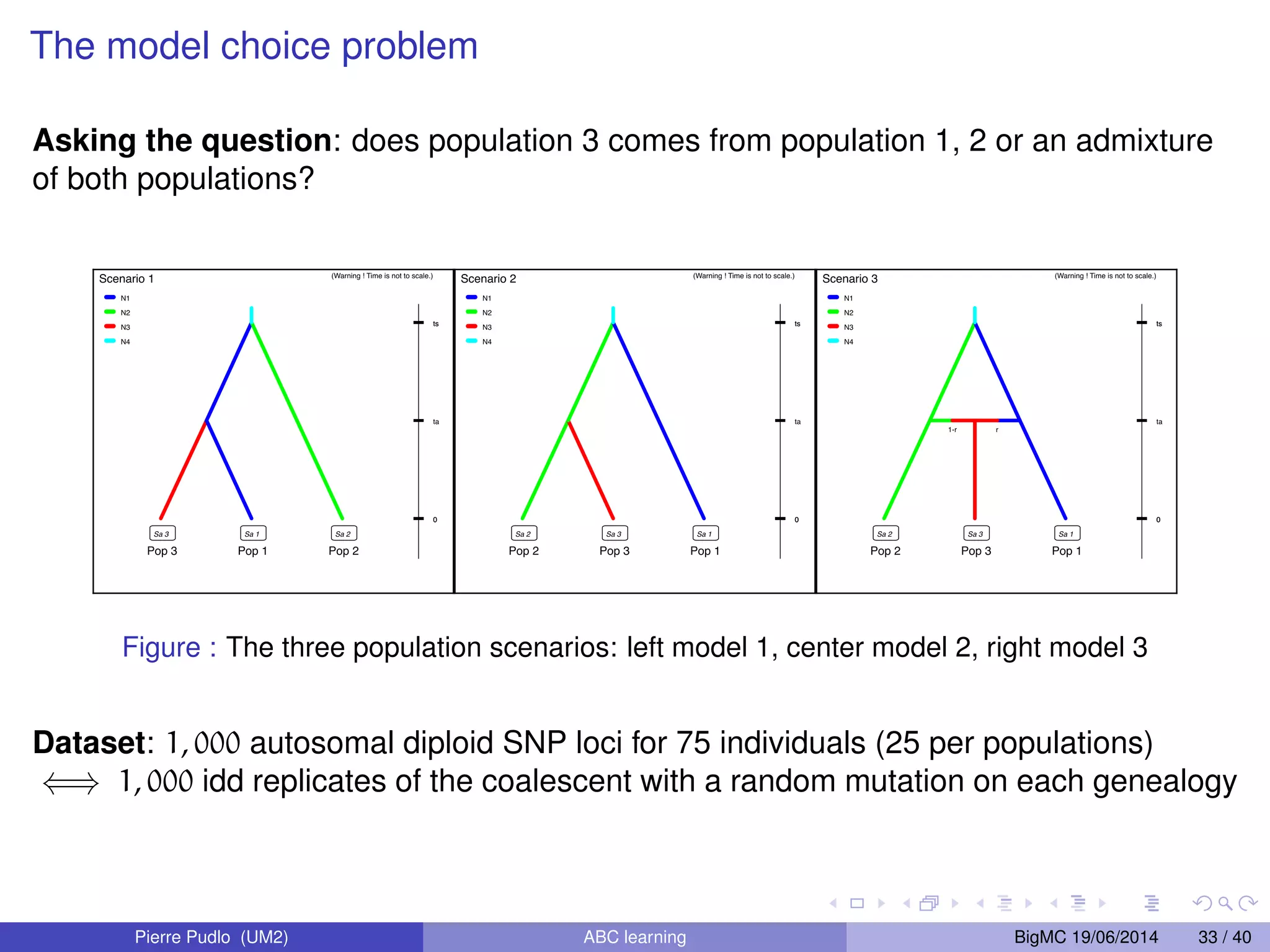 Table of Contents 1 Approximate Bayesian computation 2 ABC model choice 3 Population genetics example on SNP data 4 Conclusion Pierre Pudlo (UM2) ABC learning BigMC 19/06/2014 13 / 40 
