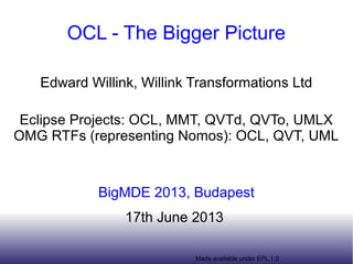 Made available under EPL 1.0
OCL - The Bigger Picture
Edward Willink, Willink Transformations Ltd
Eclipse Projects: OCL, MMT, QVTd, QVTo, UMLX
OMG RTFs (representing Nomos): OCL, QVT, UML
BigMDE 2013, Budapest
17th June 2013
 