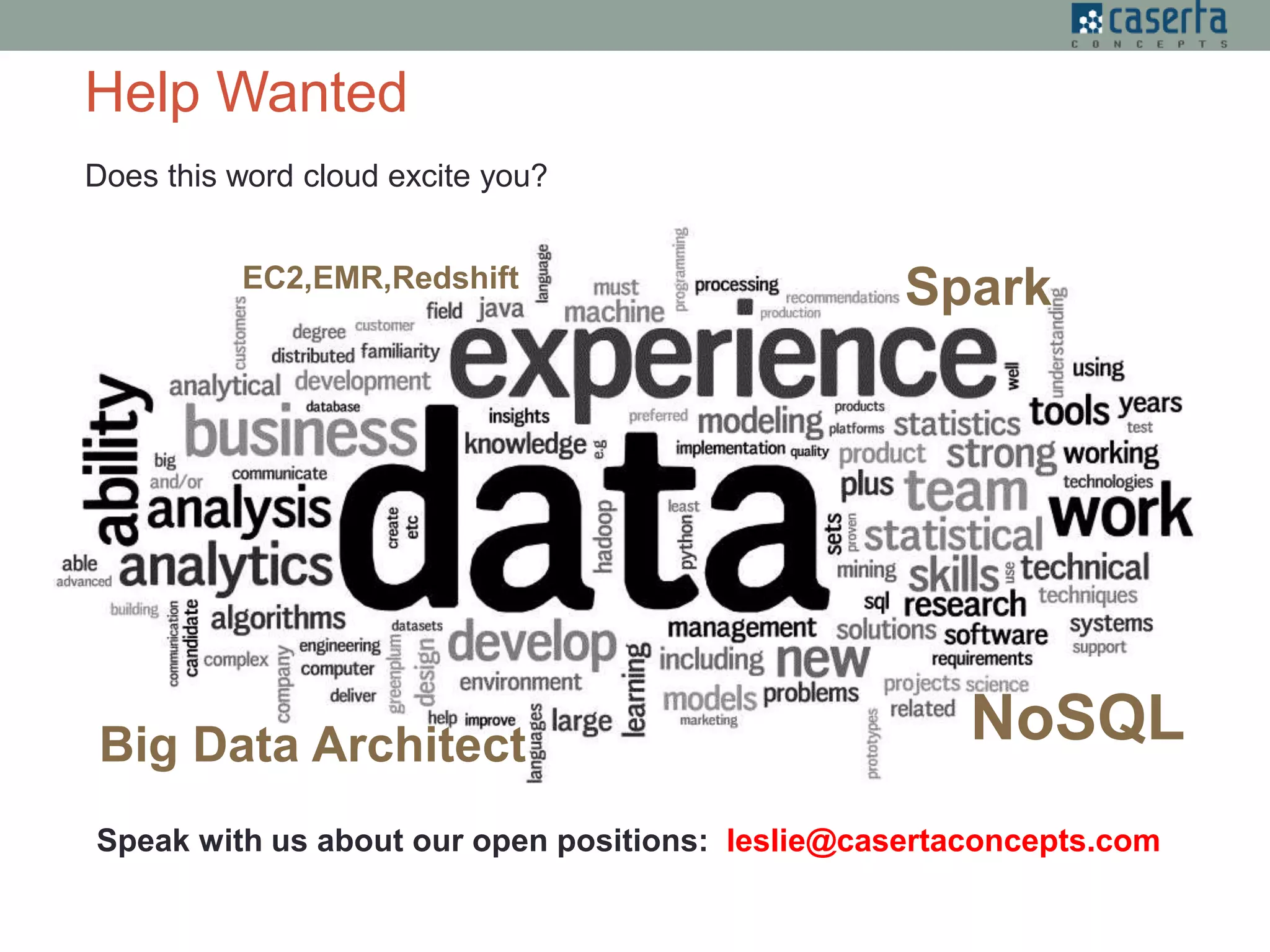 Does this word cloud excite you?
Speak with us about our open positions: leslie@casertaconcepts.com
Help Wanted
Spark
Big Data Architect NoSQL
EC2,EMR,Redshift
 