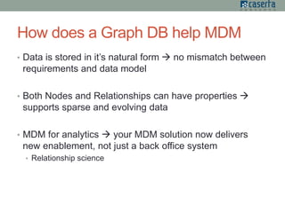 How does a Graph DB help MDM
• Data is stored in it’s natural form  no mismatch between
requirements and data model
• Both Nodes and Relationships can have properties 
supports sparse and evolving data
• MDM for analytics  your MDM solution now delivers
new enablement, not just a back office system
• Relationship science
 