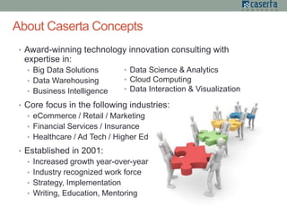 About Caserta Concepts
• Award-winning technology innovation consulting with
expertise in:
• Big Data Solutions
• Data Warehousing
• Business Intelligence
• Core focus in the following industries:
• eCommerce / Retail / Marketing
• Financial Services / Insurance
• Healthcare / Ad Tech / Higher Ed
• Established in 2001:
• Increased growth year-over-year
• Industry recognized work force
• Strategy, Implementation
• Writing, Education, Mentoring
• Data Science & Analytics
• Cloud Computing
• Data Interaction & Visualization
 