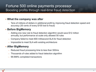Fortune 500 online payments processor
Boosting profits through real-time fraud detection

   What the company was after
    –   Tens of millions of dollars in additional profit by improving fraud detection speed and
        accuracy (30 cents of every $100 lost to fraud)
   Before BigMemory
    –   Adding one new rule to fraud detection algorithm would save $12 million
        annually, but performance at scale only allowed 50 rules
    –   Company failed to meet 800 millisecond SLA for fraud detection
    –   Impossible to meet SLA with existing architecture

   After BigMemory
    –   Reduced fraud processing time to less than 500ms
    –   Thousands of rules added to fraud detection algorithm
    –   99.999% completed transactions




                                                                                                  12
 
