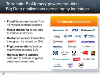 Terracotta BigMemory powers real-time
    Big Data applications across many industries

   Fraud detection slashed from      Terracotta customers
    45 minutes to mere seconds
   Media streaming in real time
    to millions of devices
   Customer service transaction
    throughput increased by 100x
   Flight reservations load on
    mainframes reduced 80%
   Highway traffic updates
    delivered to millions of global
    customers in real time
 