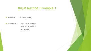 Big M Method: Example 1
 Minimize Z = 40x1 + 24x2
 Subject to 20x1 + 50x2 >= 4800
80x1 + 50x2 >= 7200
x1 , x2 >= 0
 