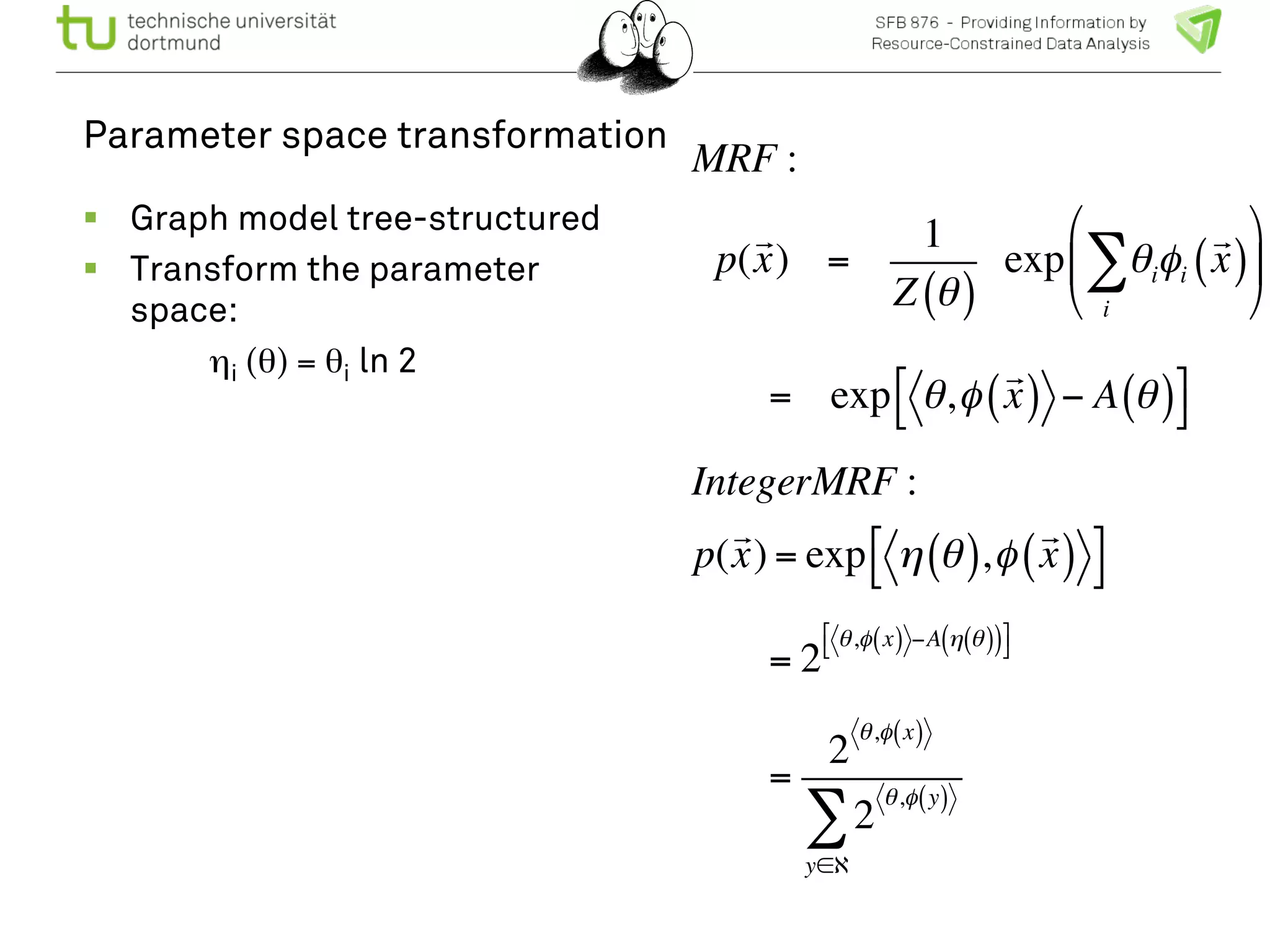 Parameter space transformation 
! Graph model tree-structured 
! Transform the parameter 
space: 
ηi (θ) = θi ln 2 
MRF : 
p( 
! 
x) = 
1 
Z θ ( ) 
Σ 
exp θi 
φi 
! 
(x) 
i 
" 
# $ 
% 
& ' 
! 
x ( ) − A θ ( ) )* 
= exp θ,φ 
+, 
IntegerMRF : 
p( 
! 
x) = exp η θ ( ),φ 
! 
x ( ) )* 
+, 
= 2 
θ ,φ x ( ) −A η θ ( ) ( ) )* 
+, 
= 
2 θ ,φ (x) 
2 θ ,φ (y) 
y∈ℵ 
Σ 
 