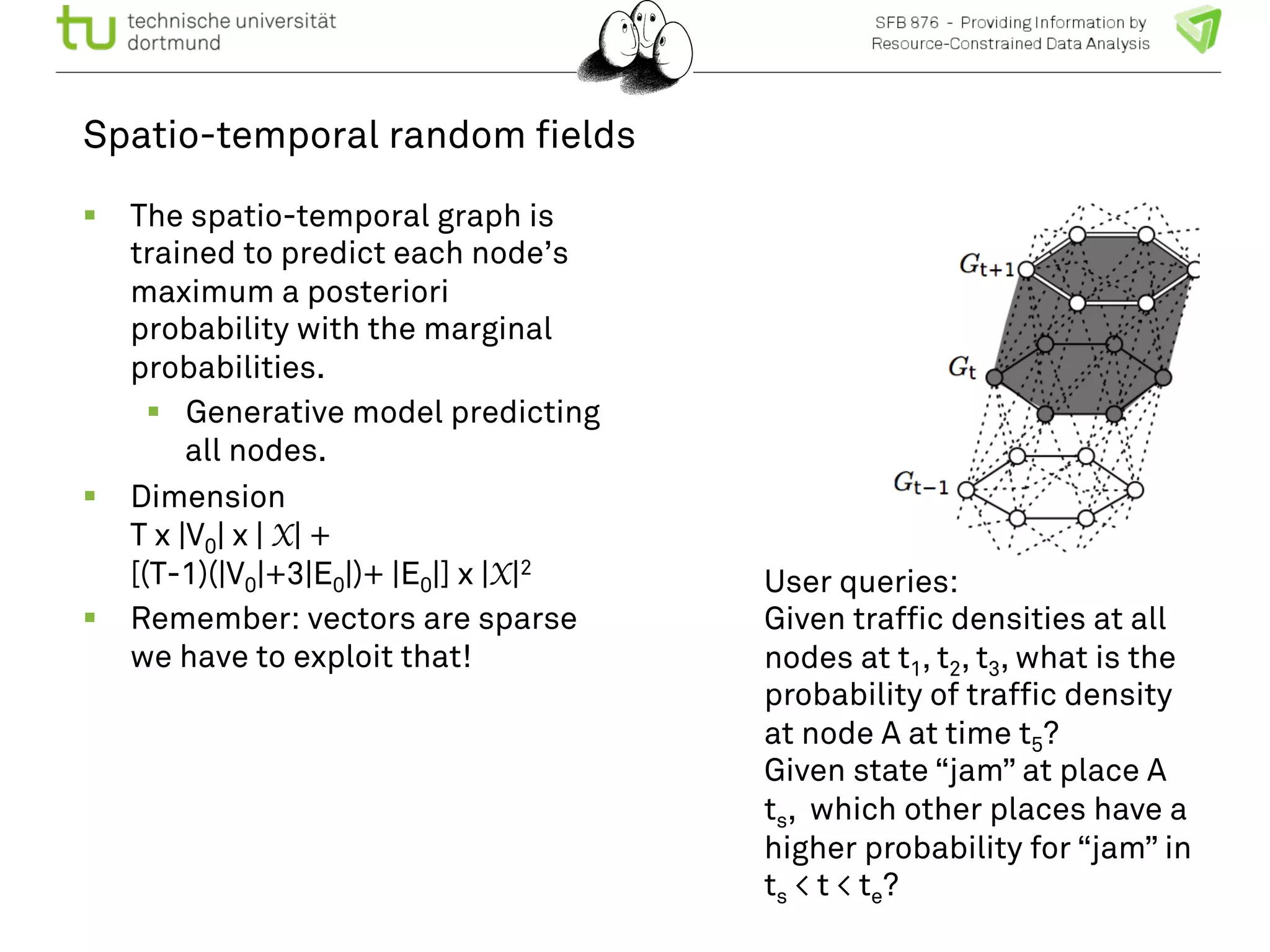 Spatio-temporal random fields 
! The spatio-temporal graph is 
trained to predict each node’s 
maximum a posteriori 
probability with the marginal 
probabilities. 
! Generative model predicting 
all nodes. 
! Dimension 
T x |V0| x | X| + 
[(T-1)(|V0|+3|E0|)+ |E0|] x |X|2 
! Remember: vectors are sparse 
we have to exploit that! 
User queries: 
Given traffic densities at all 
nodes at t1, t2, t3, what is the 
probability of traffic density 
at node A at time t5? 
Given state “jam” at place A 
ts, which other places have a 
higher probability for “jam” in 
ts < t < te? 
 