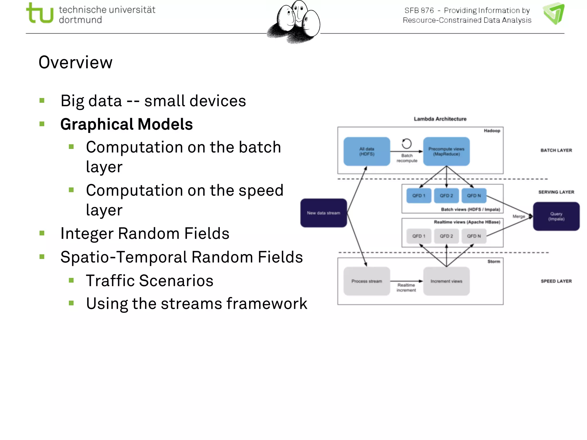 Overview 
! Big data -- small devices 
! Graphical Models 
! Computation on the batch 
layer 
! Computation on the speed 
layer 
! Integer Random Fields 
! Spatio-Temporal Random Fields 
! Traffic Scenarios 
! Using the streams framework 
 