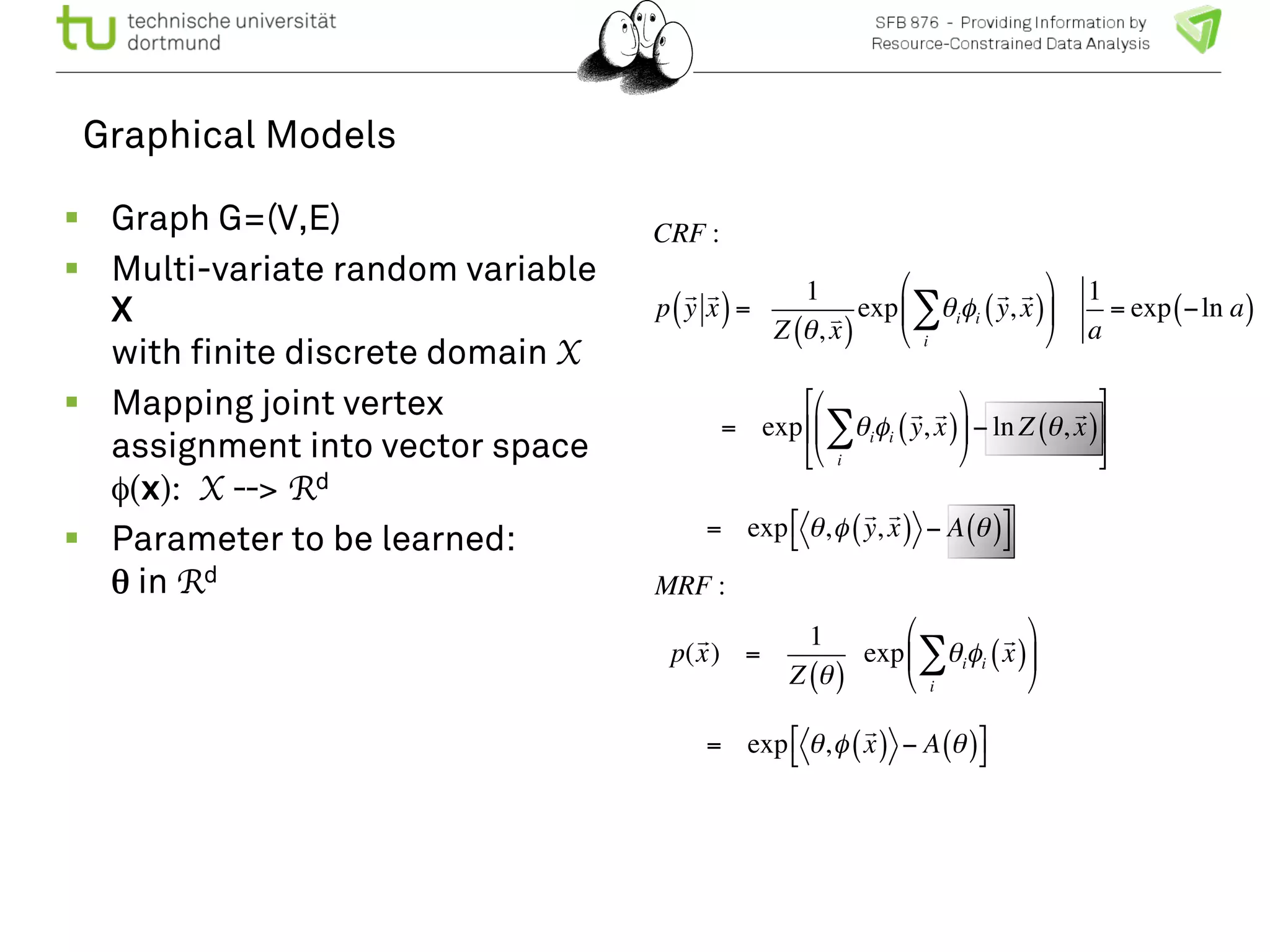 Graphical Models 
! Graph G=(V,E) 
! Multi-variate random variable 
X 
with finite discrete domain X 
! Mapping joint vertex 
assignment into vector space 
φ(x): X --> Rd 
! Parameter to be learned: 
θ in Rd 
CRF : 
p 
( ! 
! 
y 
x) = 
1 
! 
( x) 
Z θ, 
Σ 
exp θi 
φi 
( ! 
x) 
! 
y, 
i 
" 
# $ 
% 
& ' 
1 
a 
= exp(−ln a) 
Σ 
= exp θi 
φi 
( ! 
x) 
! 
y, 
i 
" 
# $ 
% 
& ' 
! 
( x) 
− ln Z θ, 
) 
* + 
, 
- . 
! 
x ( ) − A θ ( ) )* 
= exp θ,φ 
! 
y, 
,- 
MRF : 
p( 
! 
x) = 
1 
Z θ ( ) 
Σ 
exp θi 
φi 
! 
(x) 
i 
" 
# $ 
% 
& ' 
! 
x ( ) − A θ ( ) )* 
= exp θ,φ 
,- 
 