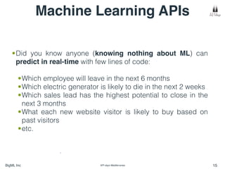 BigML Inc API days Mediterranea 15
"
•Did you know anyone (knowing nothing about ML) can
predict in real-time with few lin...