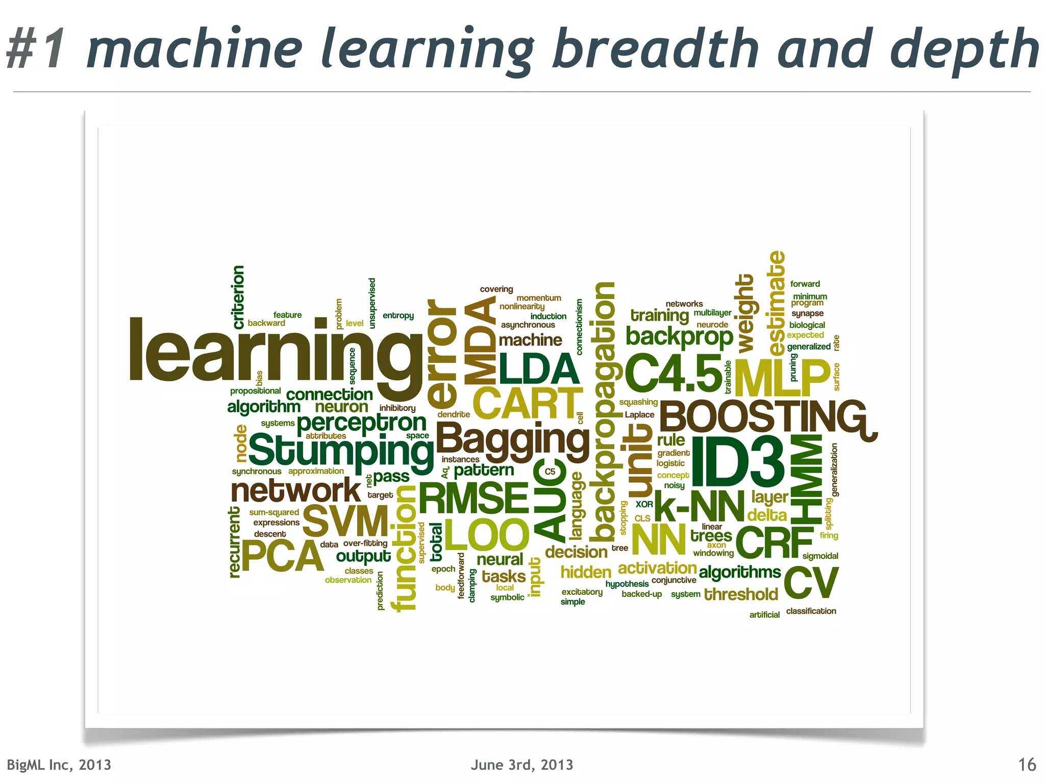 June 3rd, 2013BigML Inc, 2013 16
...or you can deal with that!#1 machine learning breadth and depth
 