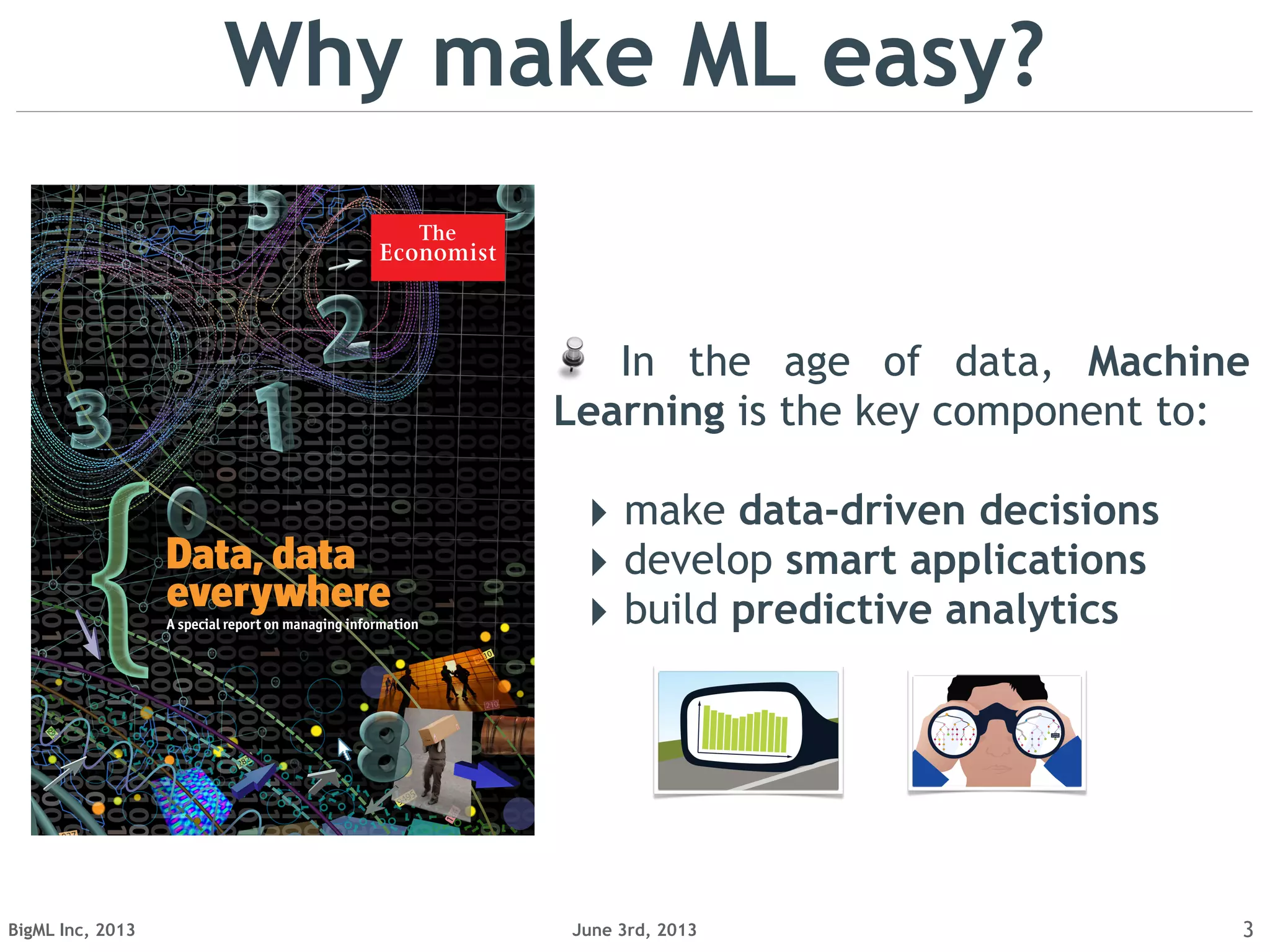 June 3rd, 2013BigML Inc, 2013 3
Data, data
everywhere
A special report on managing information
Why make ML easy?
In the age of data, Machine
Learning is the key component to:
‣ make data-driven decisions
‣ develop smart applications
‣ build predictive analytics
 