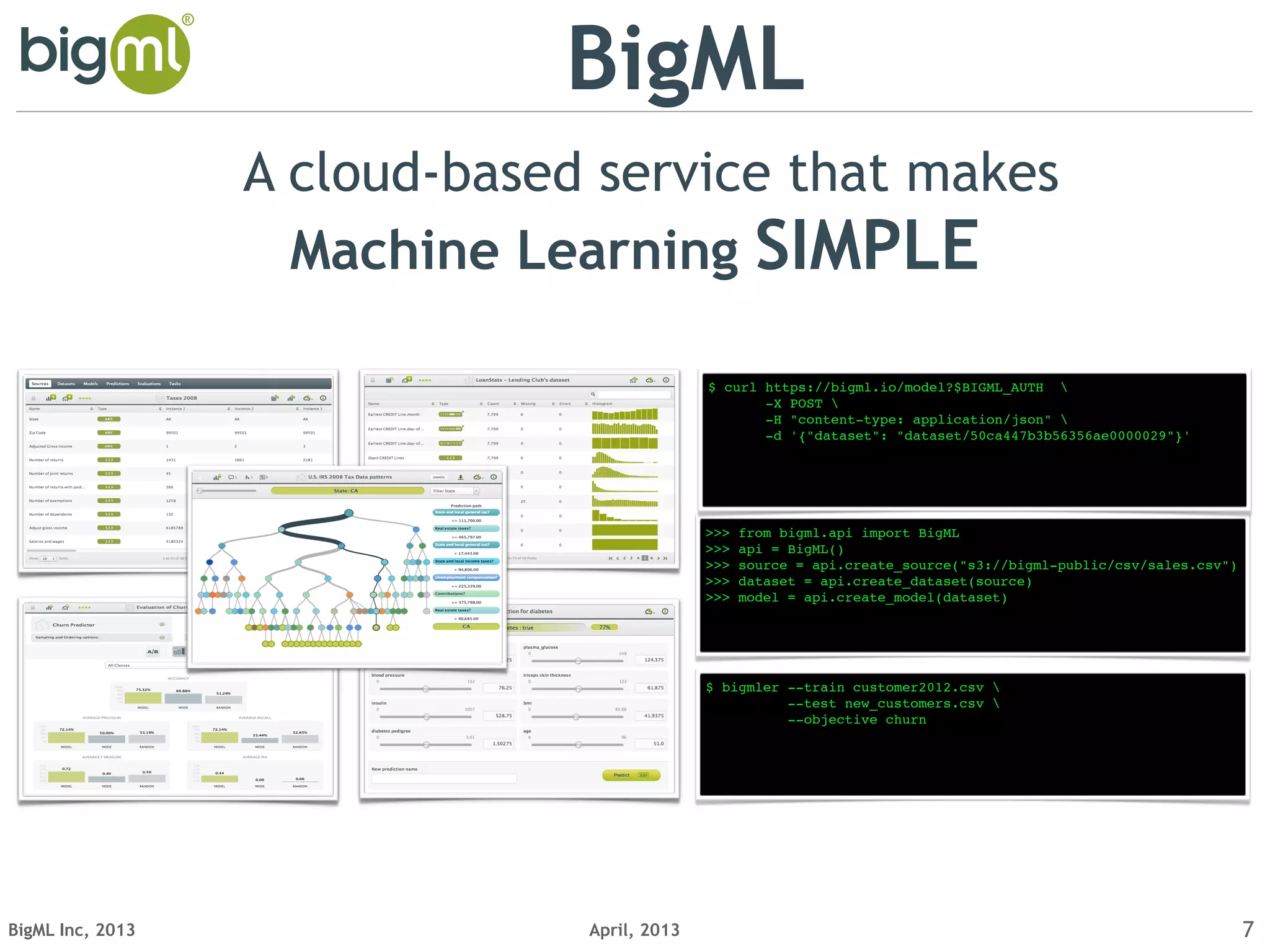 April, 2013BigML Inc, 2013 7
BigML
A cloud-based service that makes
Machine Learning SIMPLE
$ bigmler --train customer2012.csv 
--test new_customers.csv 
--objective churn
>>> from bigml.api import BigML
>>> api = BigML()
>>> source = api.create_source("s3://bigml-public/csv/sales.csv")
>>> dataset = api.create_dataset(source)
>>> model = api.create_model(dataset)
$ curl https://bigml.io/model?$BIGML_AUTH 
-X POST 
-H "content-type: application/json" 
-d '{"dataset": "dataset/50ca447b3b56356ae0000029"}'
 