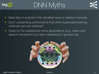 BigML Education Program 3Deepnets
DNN Myths
• Next step in evolution that will either save or destroy humanity
• Such outstanding performance that other supervised learning
methods are now irrelevant
• Great for the established niche applications (e.g., vision and
speech recognition) but less interesting for general use
 