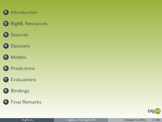 1   Introduction

2   BigML Resources

3   Sources

4   Datasets

5   Models

6   Predictions

7   Evaluations

8   Bindings

9   Final Remarks


         BigML Inc    BigML.io: The BigML API   October 12, 2012   2 / 66
 