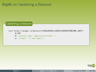 BigML.io: Updating a Dataset



  Updating a Dataset

   curl https://bigml.io/dataset/4f66a0b903ce8940c5000000?$BIGML_AUTH 
        -X PUT
        -H 'content-type: application/json' 
        -d '{"name": "a new name"}'




       BigML Inc               BigML.io: The BigML API      October 12, 2012   30 / 66
 