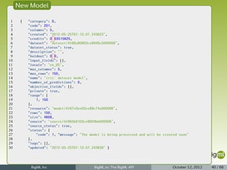 New Model

 1    {   "category": 0,
 2        "code": 201,
 3        "columns": 5,
 4        "created": "2012-05-25T07:13:07.243623",
 5        "credits": 0.03515625,
 6        "dataset": "dataset/4f66a80803ce8940c5000006",
 7        "dataset_status": true,
 8        "description": "",
 9        "holdout": 0.0,
10        "input_fields": [],
11        "locale": "en_US",
12        "max_columns": 5,
13        "max_rows": 150,
14        "name": "iris' dataset model",
15        "number_of_predictions": 0,
16        "objective_fields": [],
17        "private": true,
18        "range": [
19            1, 150
20        ],
21        "resource": "model/4f67c0ee03ce89c74a000006",
22        "rows": 150,
23        "size": 4608,
24        "source": "source/4f665b8103ce8920bb000006",
25        "source_status": true,
26        "status": {
27            "code": 1, "message": "The model is being processed and will be created soon"
28        },
29        "tags": [],
30        "updated": "2012-05-25T07:13:07.243658" }




           BigML Inc                       BigML.io: The BigML API                 October 12, 2012   40 / 66
 