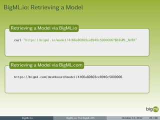 BigML.io: Retrieving a Model


  Retrieving a Model via BigML.io

   curl "https://bigml.io/model/4f66a80803ce8940c5000006?$BIGML_AUTH"




  Retrieving a Model via BigML.com

   https://bigml.com/dashboard/model/4f66a80803ce8940c5000006




       BigML Inc               BigML.io: The BigML API      October 12, 2012   45 / 66
 