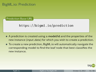 BigML.io: Prediction


  Prediction Base URL

             https://bigml.io/prediction

   A prediction is created using a model/id and the properties of the
   new instance (input data) for which you wish to create a prediction.
   To create a new prediction, BigML.io will automatically navigate the
   corresponding model to ﬁnd the leaf node that best classiﬁes the
   new instance.




      BigML Inc             BigML.io: The BigML API   October 12, 2012   51 / 66
 