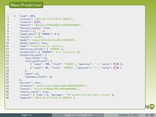New Prediction

 1    {   "code": 201,
 2        "created": "2012-03-21T16:26:51.300678",
 3        "credits": 0.01,
 4        "dataset": "dataset/4f66a80803ce8940c5000006",
 5        "dataset_status": true,
 6        "fields": { ... },
 7        "input_data": { "000001": 3 },
 8        "locale": "en-US",
 9        "model": "model/4f67c0ee03ce89c74a000006",
10        "model_status": true,
11        "name": "Prediction for species",
12        "objective_fields": [ "000004" ],
13        "prediction": { "000004": "Iris-virginica" },
14        "prediction_path": {
15            "bad_fields": [],
16            "next_predicates": [
17                { "count": 100, "field": "000002", "operator": ">", "value": 2.45 },
18                { "count": 50, "field": "000002", "operator": "<=", "value": 2.45 }
19            ],
20            "path": [],
21            "unknown_fields": []
22        },
23        "private": true,
24        "resource": "prediction/4f6a014b03ce89584500000f",
25        "source": "source/4f665b8103ce8920bb000006",
26        "source_status": true,
27        "status": { "code": 5, "message": "The prediction has been created" },
28        "updated": "2012-03-21T16:26:51.300700" }




           BigML Inc                       BigML.io: The BigML API                October 12, 2012   53 / 66
 