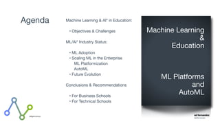 #BigMLSchool
Agenda Machine Learning & AI* in Education: 

• Objectives & Challenges

ML/AI* Industry Status:

• ML Adoption

• Scaling ML in the Enterprise

ML Platformization

AutoML

• Future Evolution

Conclusions & Recommendations

• For Business Schools

• For Technical Schools 

Machine Learning

& 

Education

ML Platforms 

and 

AutoML

 