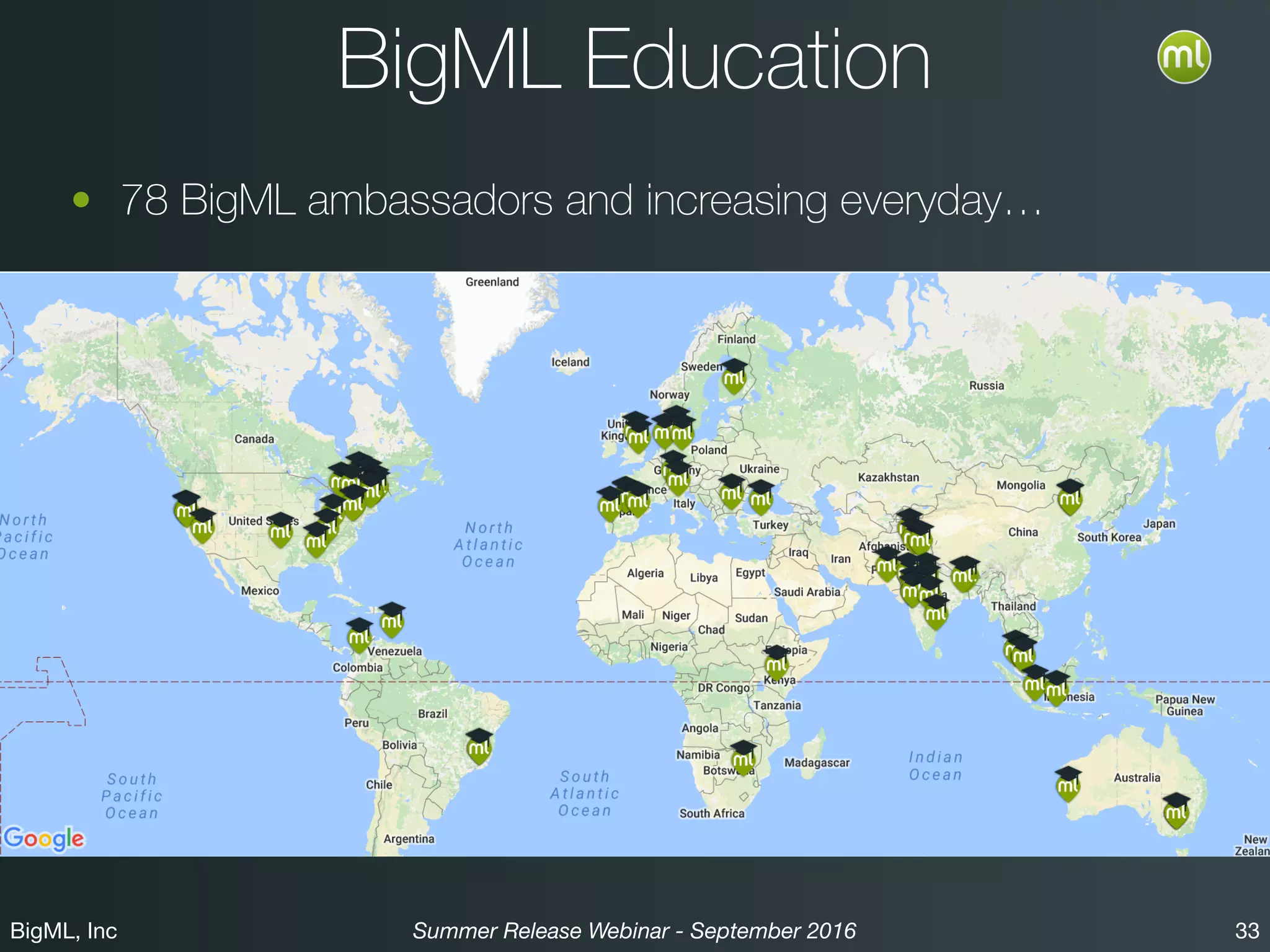 BigML, Inc 33Summer Release Webinar - September 2016
BigML Education
• 78 BigML ambassadors and increasing everyday…
 