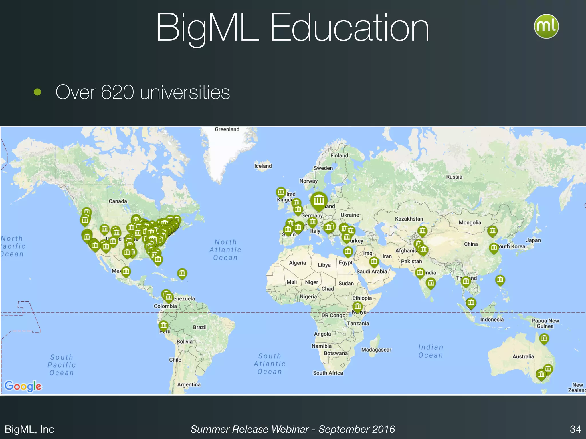 BigML, Inc 34Summer Release Webinar - September 2016
BigML Education
• Many students from over 620 universities are learning with
the education program.
 