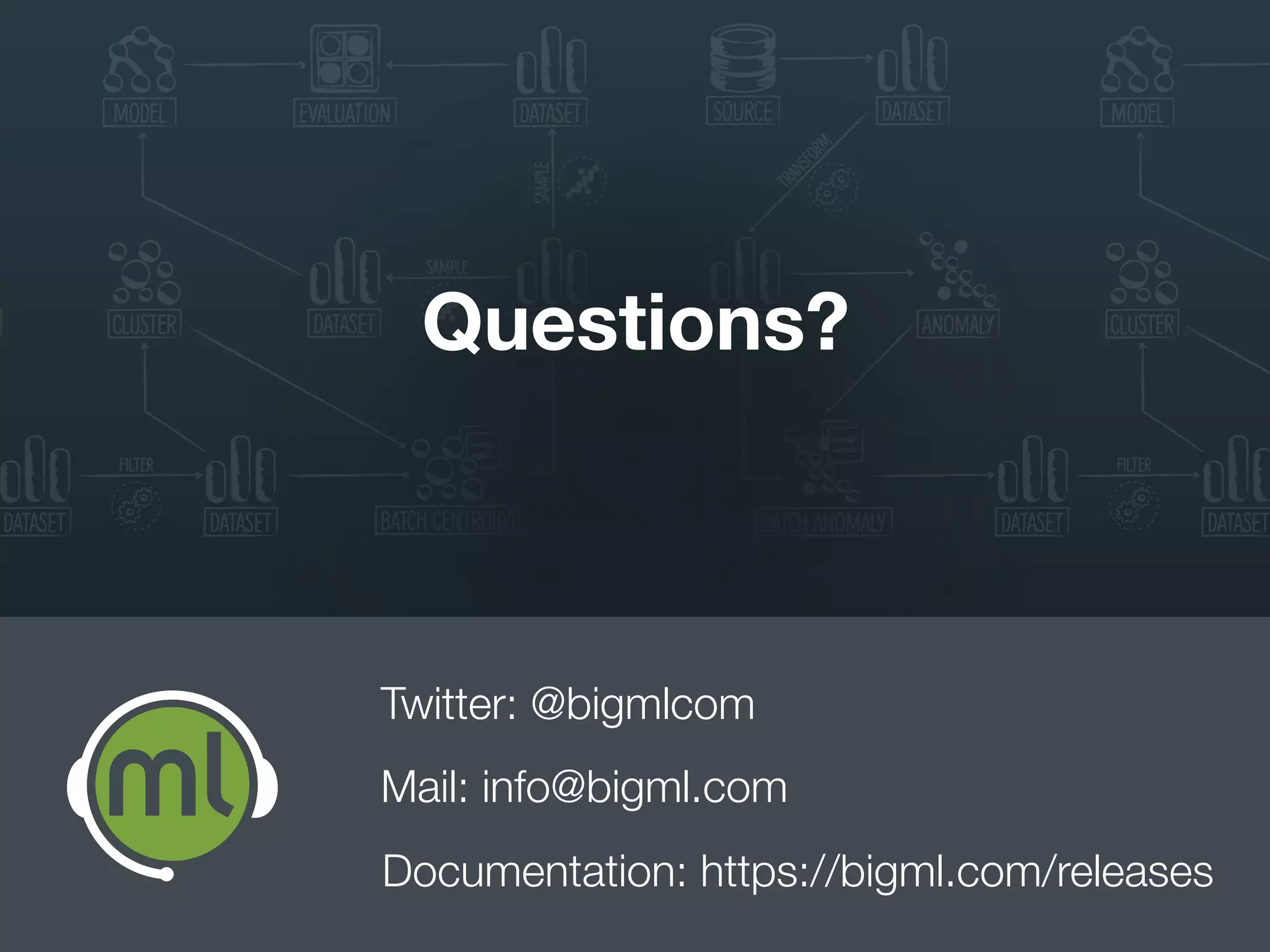 Questions?
Twitter: @bigmlcom
Mail: info@bigml.com
Docs: https://bigml.com/releases
 