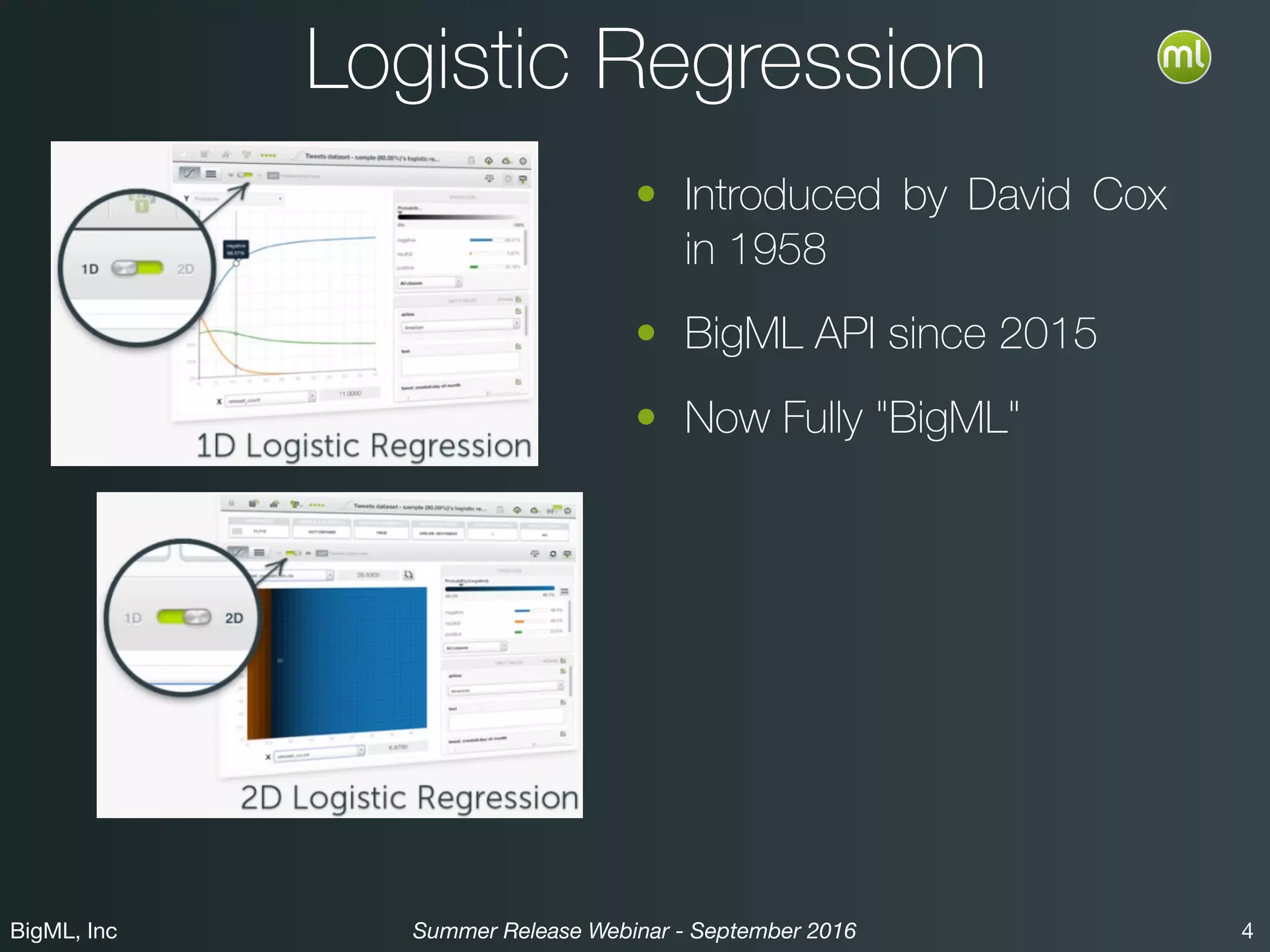 BigML, Inc 4Summer Release Webinar - September 2016
Logistic Regression
• Introduced by David Cox
in 1958
• BigML API since 2015
• Now Fully "BigML"
 