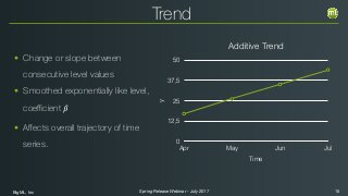 BigML, Inc 15Spring Release Webinar - July 2017
Trend
• Change or slope between
consecutive level values
• Smoothed exponentially like level,
coeﬃcient 𝛽
• Aﬀects overall trajectory of time
series.
y
0
12,5
25
37,5
50
Time
Apr May Jun Jul
Additive Trend
 