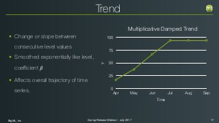BigML, Inc 17Spring Release Webinar - July 2017
Trend
y
0
25
50
75
100
Time
Apr May Jun Jul Aug Sep
Multiplicative Damped Trend
• Change or slope between
consecutive level values
• Smoothed exponentially like level,
coeﬃcient 𝛽
• Aﬀects overall trajectory of time
series.
 