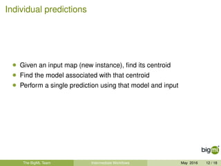 Individual predictions
• Given an input map (new instance), ﬁnd its centroid
• Find the model associated with that centroid
• Perform a single prediction using that model and input
The BigML Team Intermediate Workﬂows May 2016 12 / 18
 