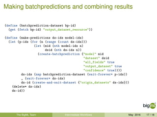 Making batchpredictions and combining results
(define (batchprediction-dataset bp-id)
(get (fetch bp-id) "output_dataset_resource"))
(define (make-predictions ds-ids model-ids)
(let (p-ids (for (n (range (count ds-ids)))
(let (mid (nth model-ids n)
dsid (nth ds-ids n))
(create-batchprediction {"model" mid
"dataset" dsid
"all_fields" true
"output_dataset" true
"confidence" true})))
ds-ids (map batchprediction-dataset (wait-forever* p-ids))
_ (wait-forever* ds-ids)
ds-id (create-and-wait-dataset {"origin_datasets" ds-ids}))
(delete* ds-ids)
ds-id))
The BigML Team Intermediate Workﬂows May 2016 17 / 18
 